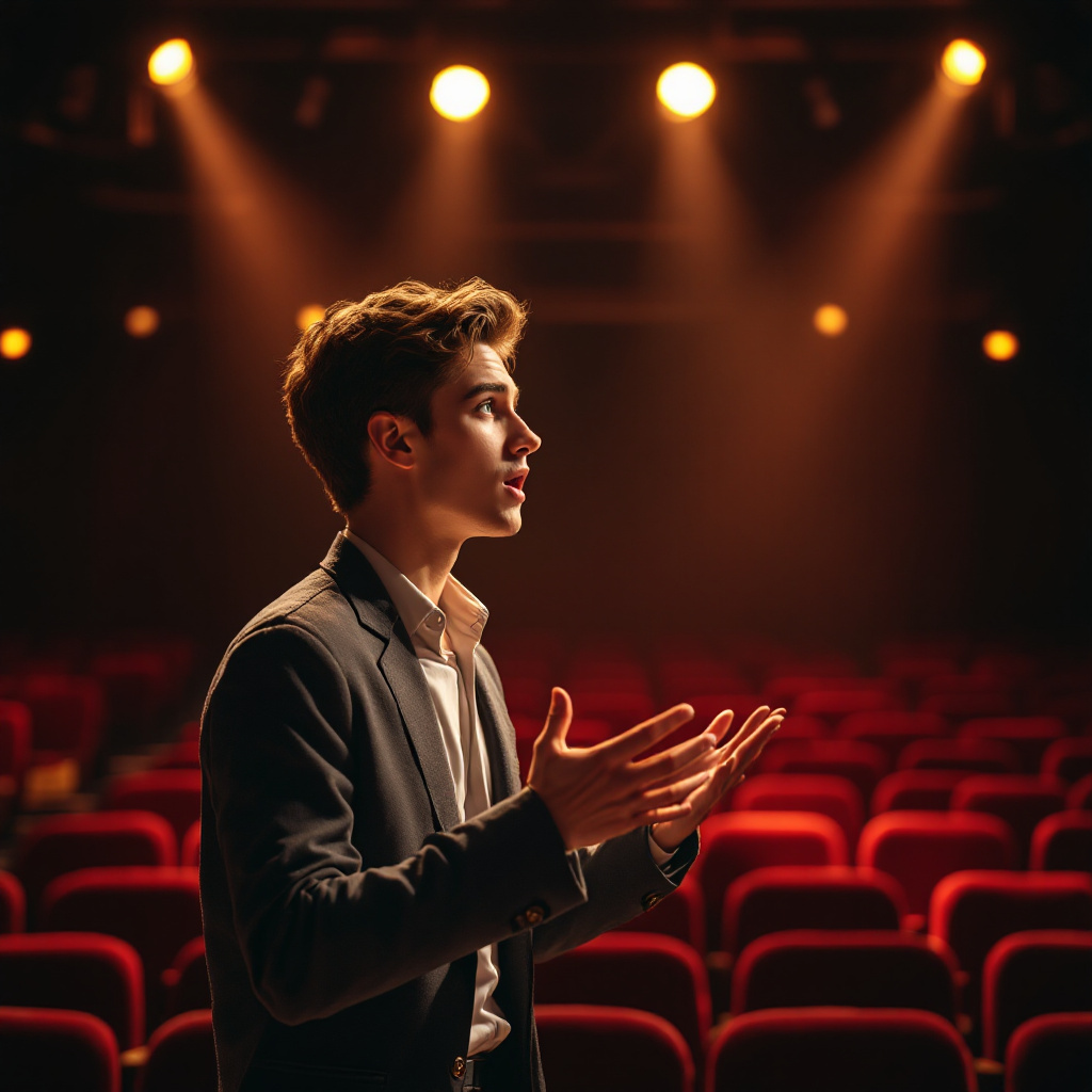 Junger Einsteiger bei der Schauspielausbildung mit Tipps für Einsteiger auf einer Theaterbühne