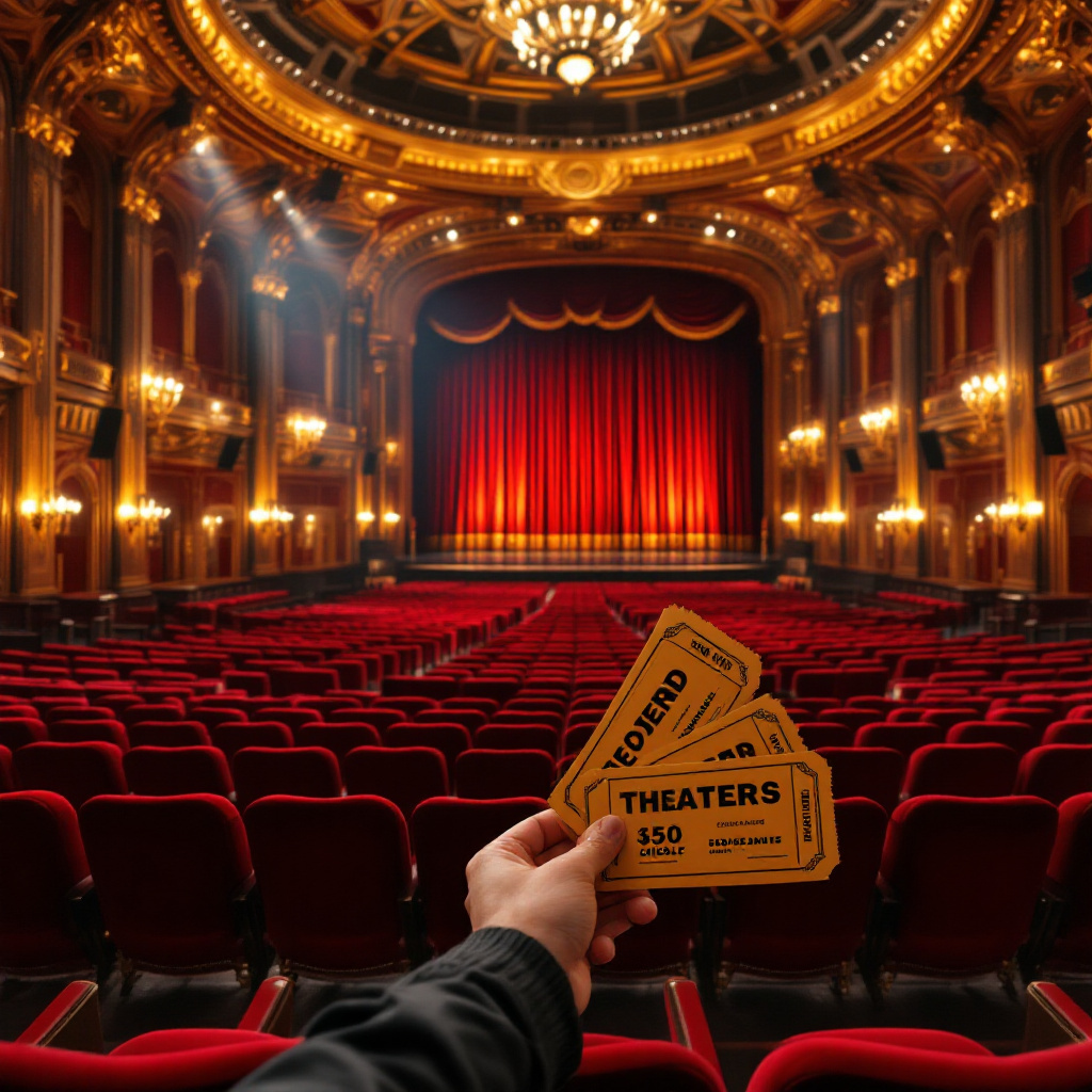 Besucher hält Karten und zeigt wie man Theatertickets günstig kaufen Tipps im Theatersaal umsetzt