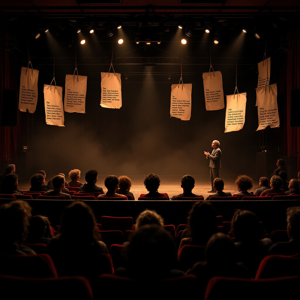 Bühne im Stil von was ist episches Theater Brecht mit sichtbarer Technik und Spruchbändern