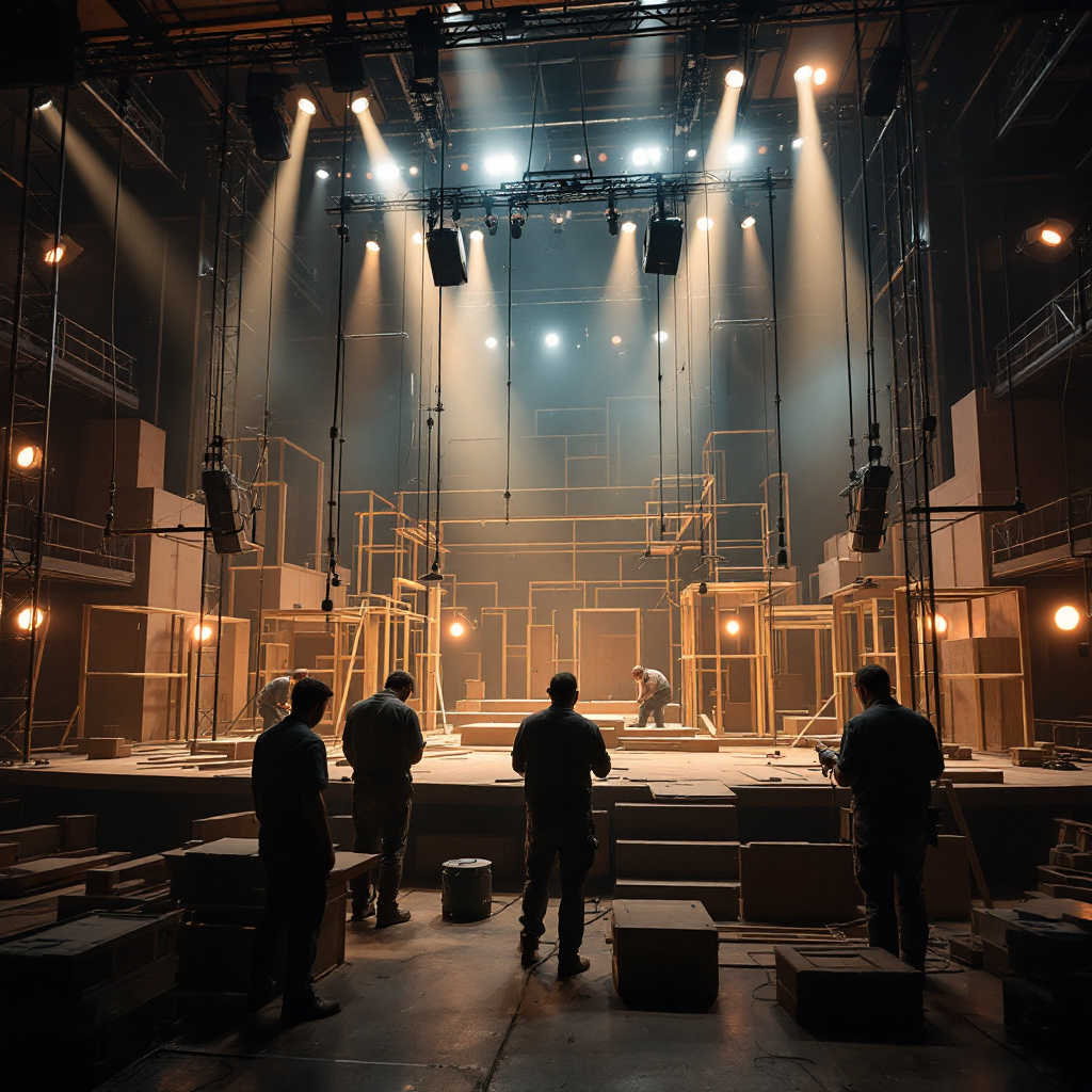 Wie funktioniert ein Bühnenbild Aufbau: Techniker montieren Kulissen auf der Theaterbühne